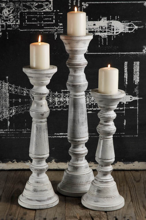 Wood Pillar Candle Holder White Set Of 3